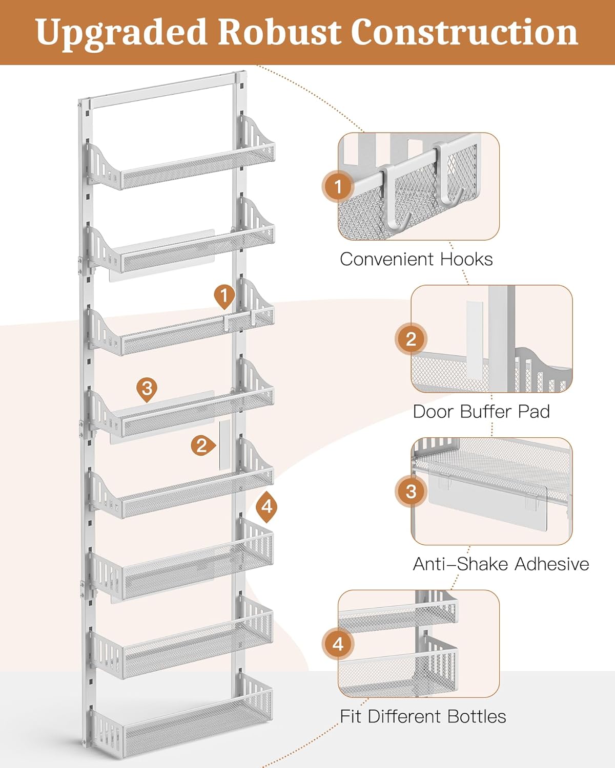 Over the Door Pantry Organizer 8-Tier, Large Metal Door Spice Rack with Adjustable Basket, 2 in 1 Wall Mount or Hanging Heavy-Duty Pantry Door Storage Shelf for Kitchen and Bathroom, White