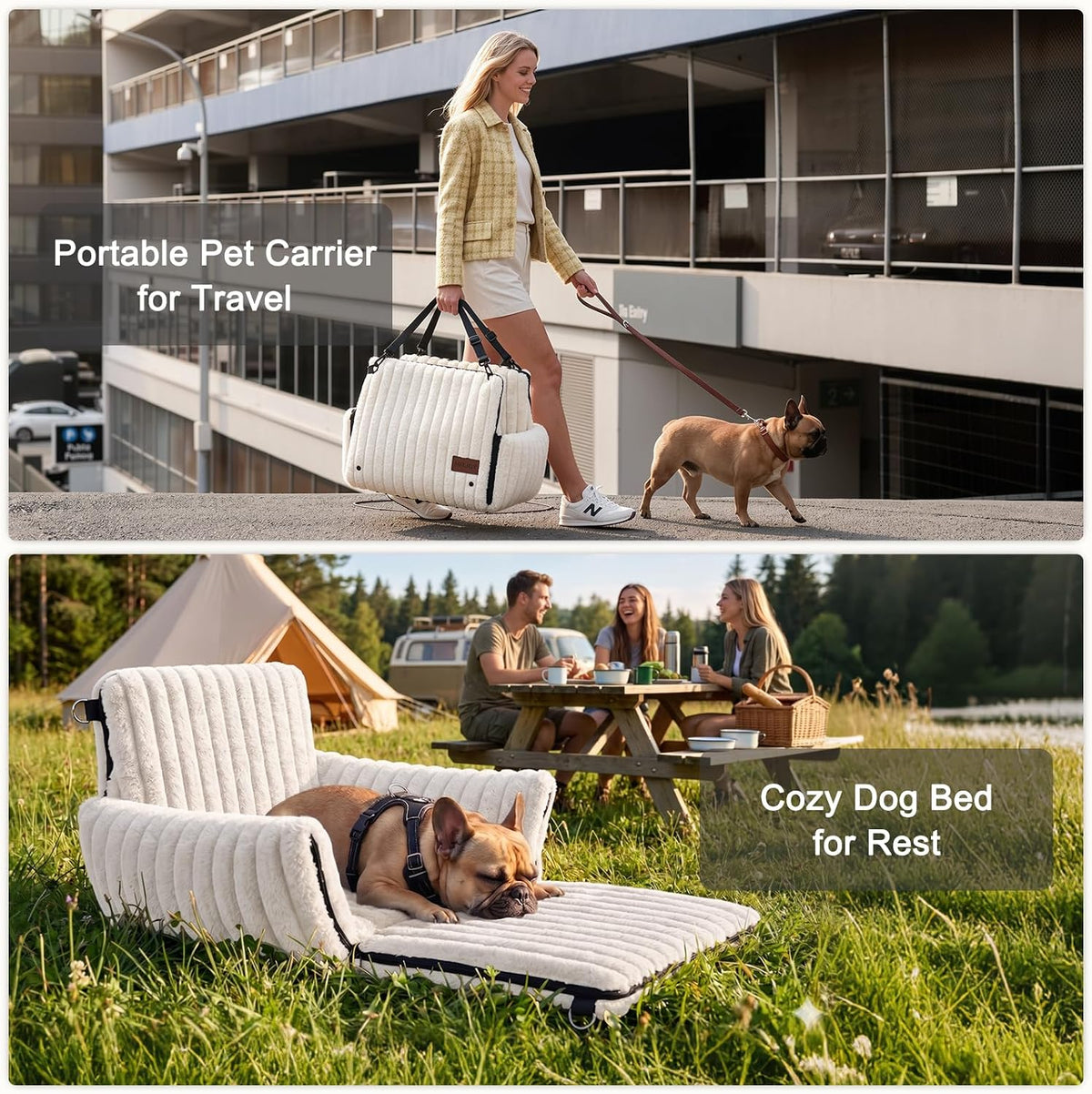 6-in-1 Dog Car Seat for Small/Medium Dogs up to 25 lbs, Multi-Functional Dog Carrier for Car with Detachable Washable Cover, Pet Travel Bed with Clip-On Safety Leash, Beige