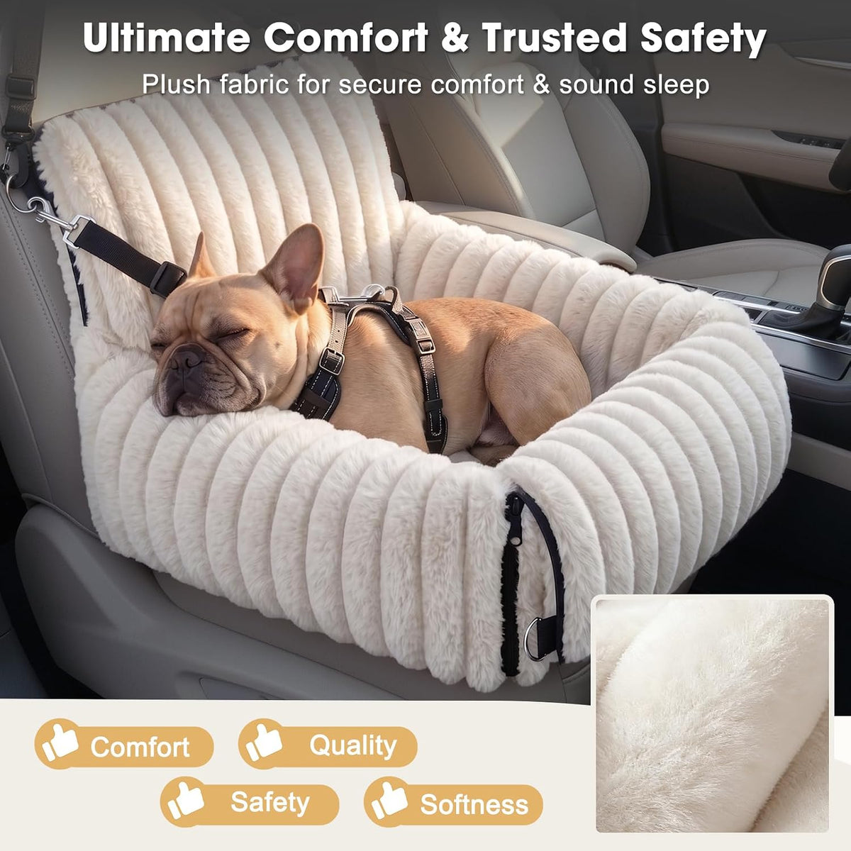 6-in-1 Dog Car Seat for Small/Medium Dogs up to 25 lbs, Multi-Functional Dog Carrier for Car with Detachable Washable Cover, Pet Travel Bed with Clip-On Safety Leash, Beige