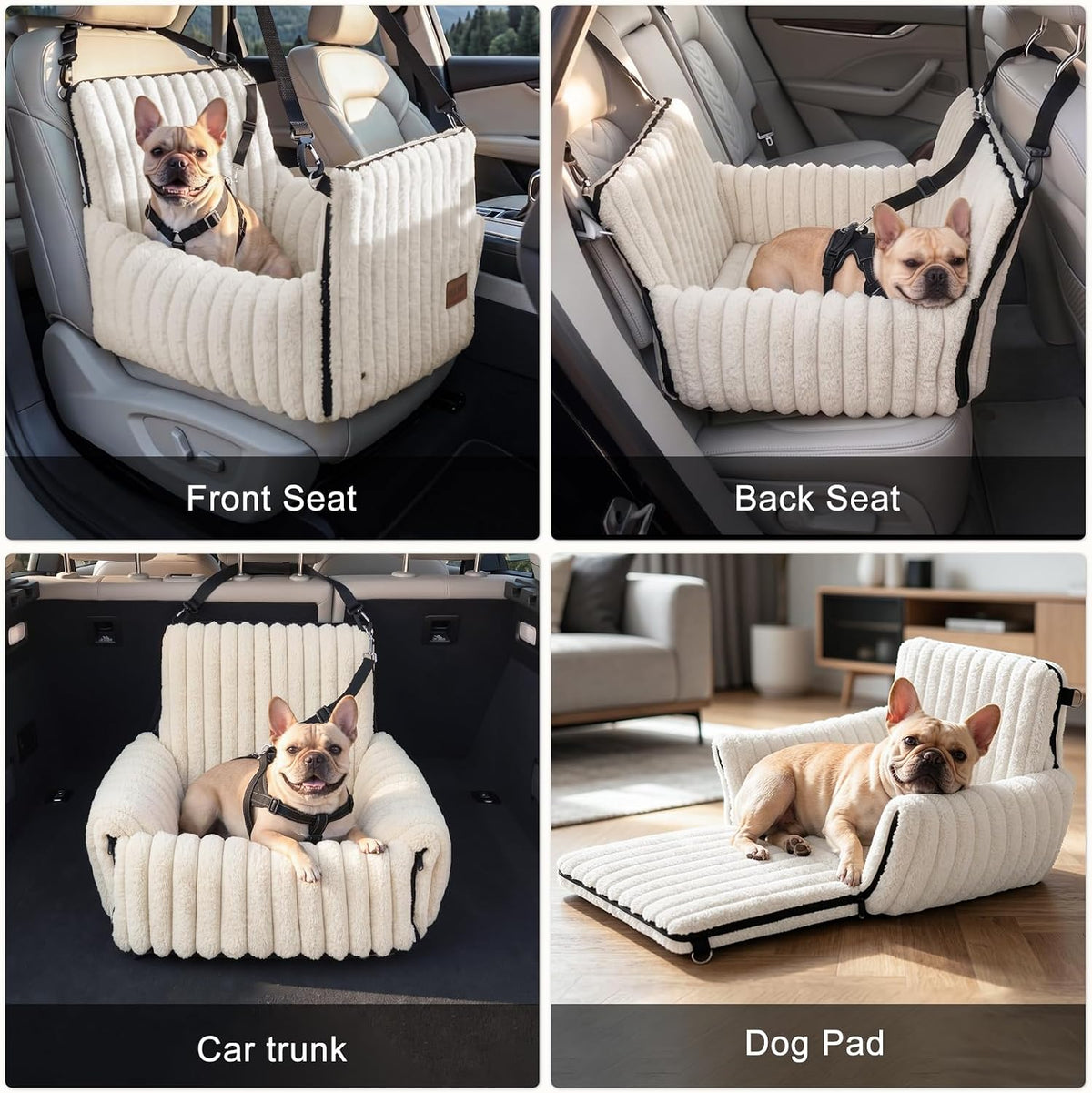 6-in-1 Dog Car Seat for Small/Medium Dogs up to 25 lbs, Multi-Functional Dog Carrier for Car with Detachable Washable Cover, Pet Travel Bed with Clip-On Safety Leash, Beige