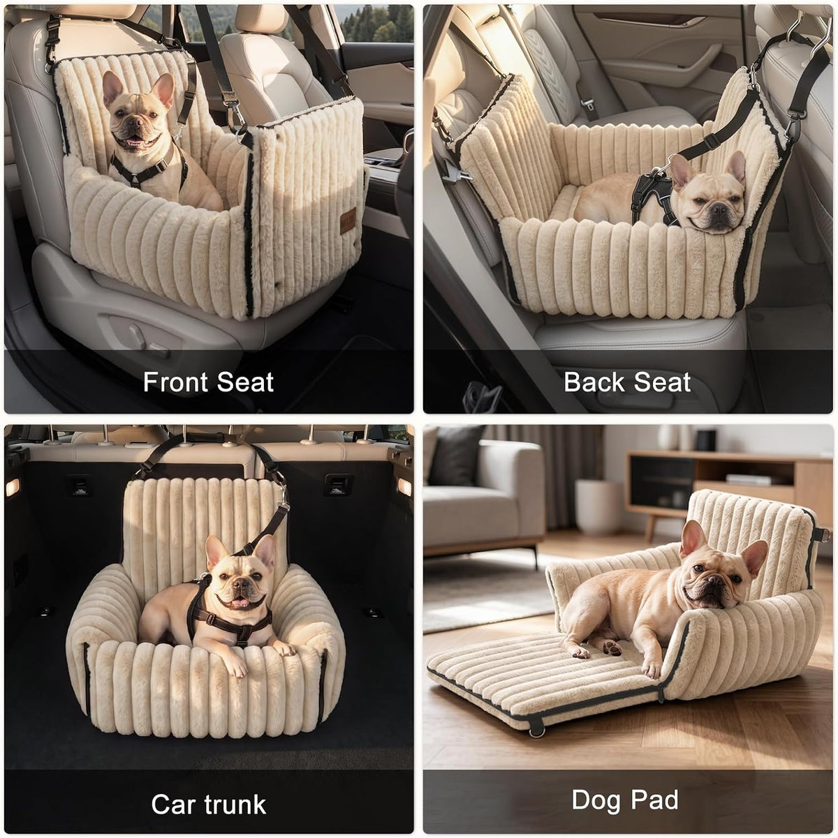 6-in-1 Dog Car Seat for Small/Medium Dogs up to 25 lbs, Multi-Functional Dog Carrier for Car with Detachable Washable Cover, Pet Travel Bed with Clip-On Safety Leash, Beige