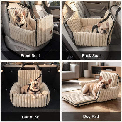 6-in-1 Dog Car Seat for Small/Medium Dogs up to 25 lbs, Multi-Functional Dog Carrier for Car with Detachable Washable Cover, Pet Travel Bed with Clip-On Safety Leash, Beige
