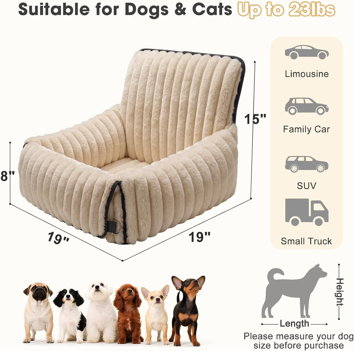 6-in-1 Dog Car Seat for Small/Medium Dogs up to 25 lbs, Multi-Functional Dog Carrier for Car with Detachable Washable Cover, Pet Travel Bed with Clip-On Safety Leash, Beige