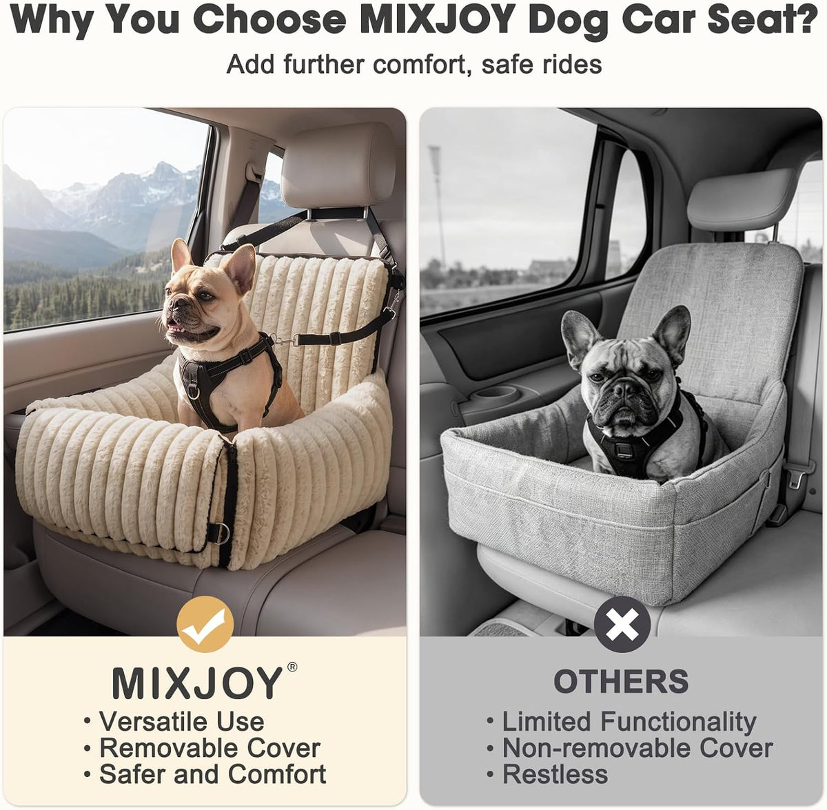 6-in-1 Dog Car Seat for Small/Medium Dogs up to 25 lbs, Multi-Functional Dog Carrier for Car with Detachable Washable Cover, Pet Travel Bed with Clip-On Safety Leash, Beige