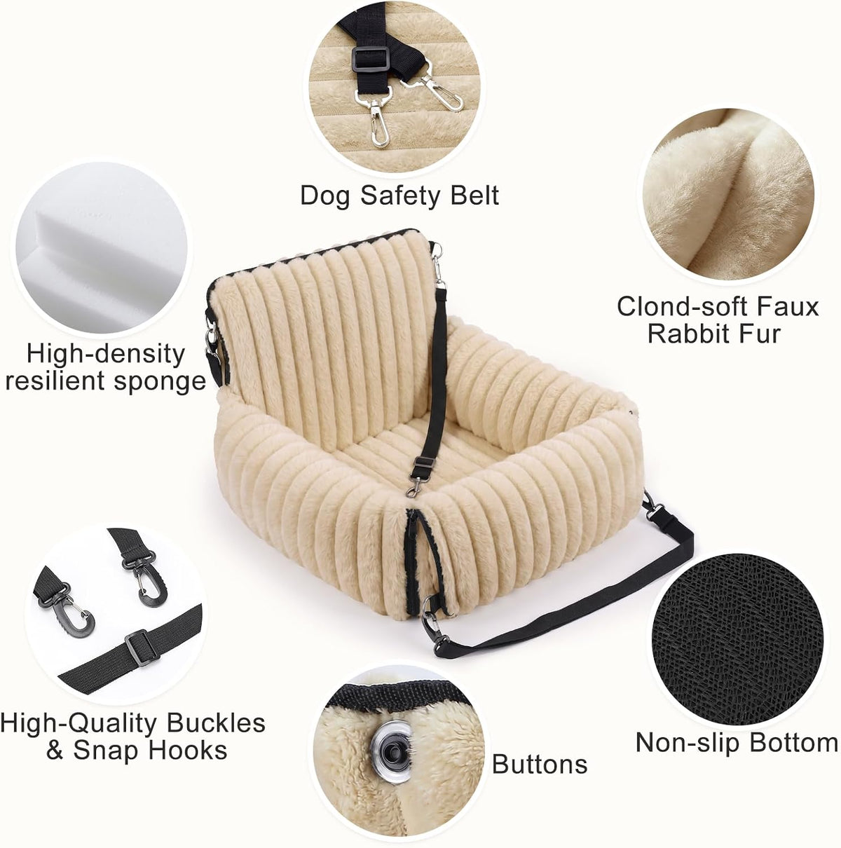 6-in-1 Dog Car Seat for Small/Medium Dogs up to 25 lbs, Multi-Functional Dog Carrier for Car with Detachable Washable Cover, Pet Travel Bed with Clip-On Safety Leash, Beige