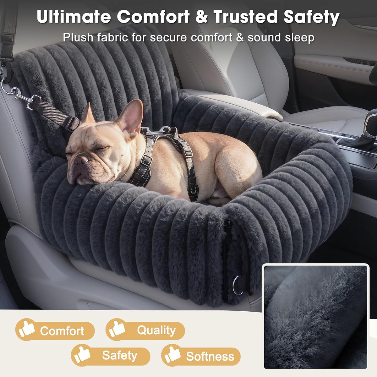 6-in-1 Dog Car Seat for Small/Medium Dogs up to 25 lbs, Multi-Functional Dog Carrier for Car with Detachable Washable Cover, Pet Travel Bed with Clip-On Safety Leash, Beige