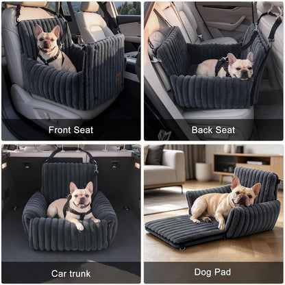 6-in-1 Dog Car Seat for Small/Medium Dogs up to 25 lbs, Multi-Functional Dog Carrier for Car with Detachable Washable Cover, Pet Travel Bed with Clip-On Safety Leash, Beige