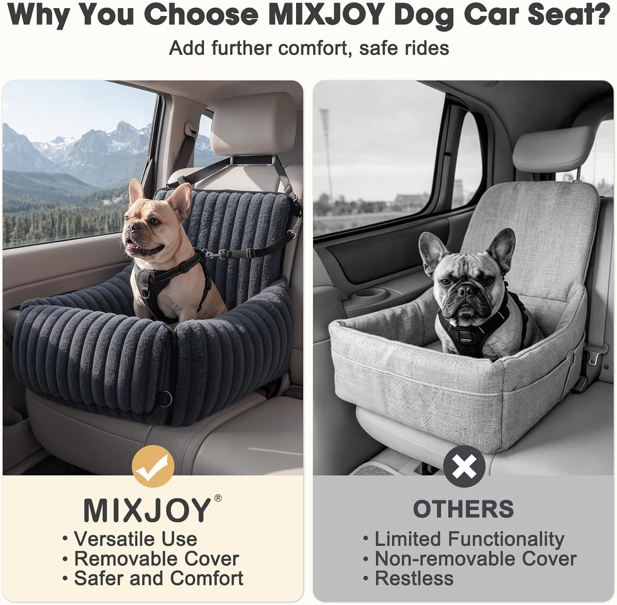 6-in-1 Dog Car Seat for Small/Medium Dogs up to 25 lbs, Multi-Functional Dog Carrier for Car with Detachable Washable Cover, Pet Travel Bed with Clip-On Safety Leash, Beige