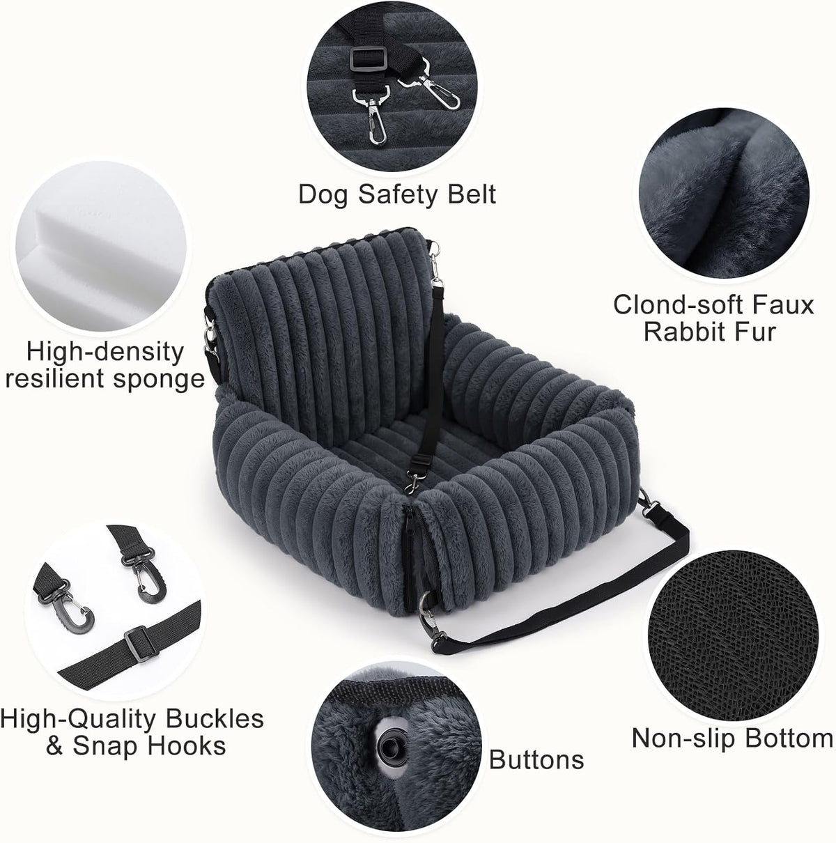 6-in-1 Dog Car Seat for Small/Medium Dogs up to 25 lbs, Multi-Functional Dog Carrier for Car with Detachable Washable Cover, Pet Travel Bed with Clip-On Safety Leash, Beige