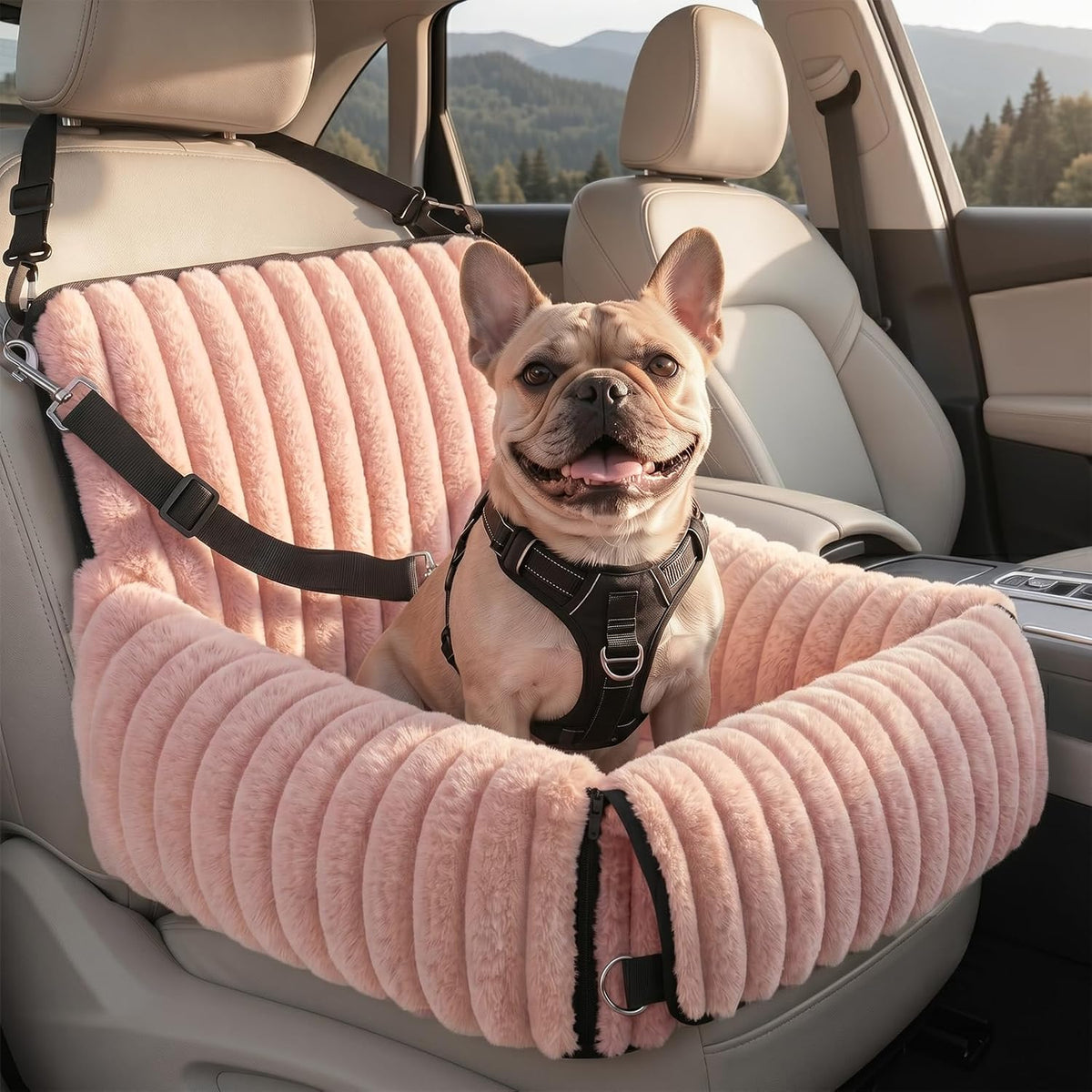 6-in-1 Dog Car Seat for Small/Medium Dogs up to 25 lbs, Multi-Functional Dog Carrier for Car with Detachable Washable Cover, Pet Travel Bed with Clip-On Safety Leash, Beige
