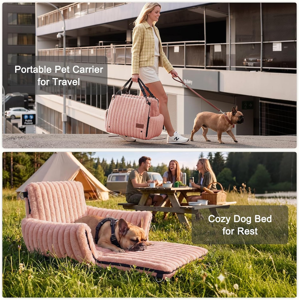 6-in-1 Dog Car Seat for Small/Medium Dogs up to 25 lbs, Multi-Functional Dog Carrier for Car with Detachable Washable Cover, Pet Travel Bed with Clip-On Safety Leash, Beige