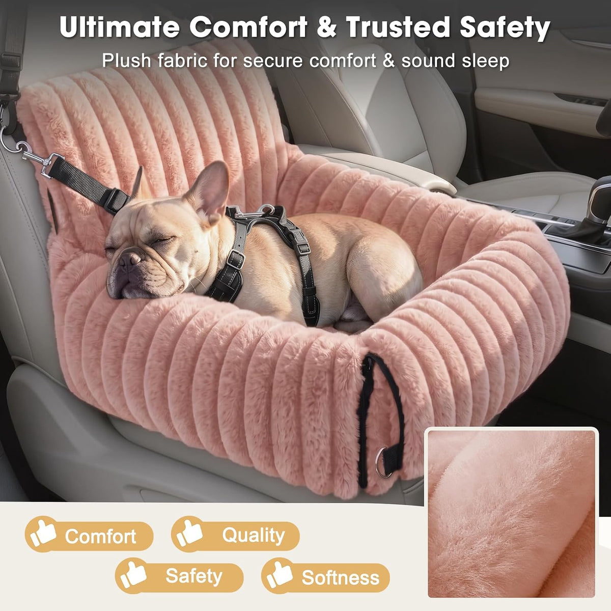 6-in-1 Dog Car Seat for Small/Medium Dogs up to 25 lbs, Multi-Functional Dog Carrier for Car with Detachable Washable Cover, Pet Travel Bed with Clip-On Safety Leash, Beige