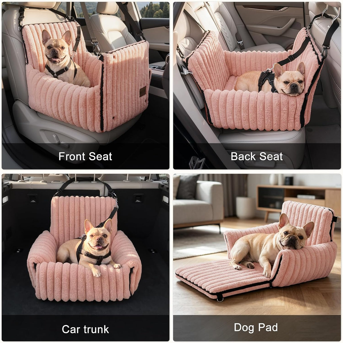 6-in-1 Dog Car Seat for Small/Medium Dogs up to 25 lbs, Multi-Functional Dog Carrier for Car with Detachable Washable Cover, Pet Travel Bed with Clip-On Safety Leash, Beige
