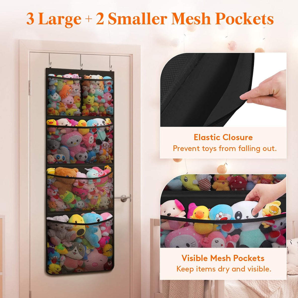 Over Door Stuffed Animal Organizer, 5 Mesh Pockets, Black, 1 Pack