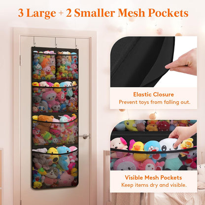 Over Door Stuffed Animal Organizer, 5 Mesh Pockets, Black, 1 Pack