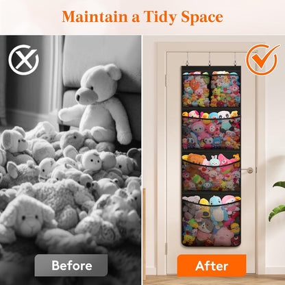 Over Door Stuffed Animal Organizer, 5 Mesh Pockets, Black, 1 Pack