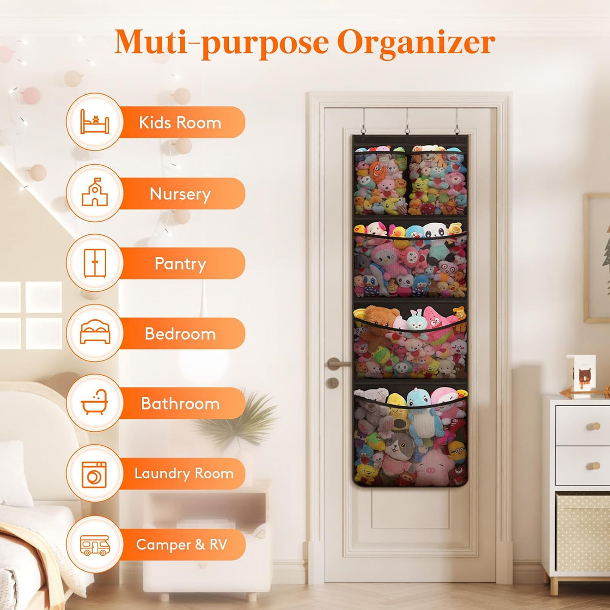 Over Door Stuffed Animal Organizer, 5 Mesh Pockets, Black, 1 Pack