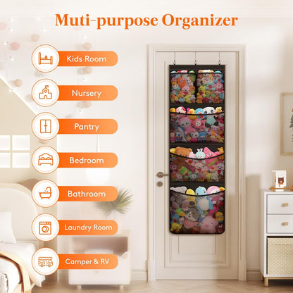 Over Door Stuffed Animal Organizer, 5 Mesh Pockets, Black, 1 Pack