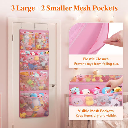 Over Door Stuffed Animal Organizer, 5 Mesh Pockets, Black, 1 Pack