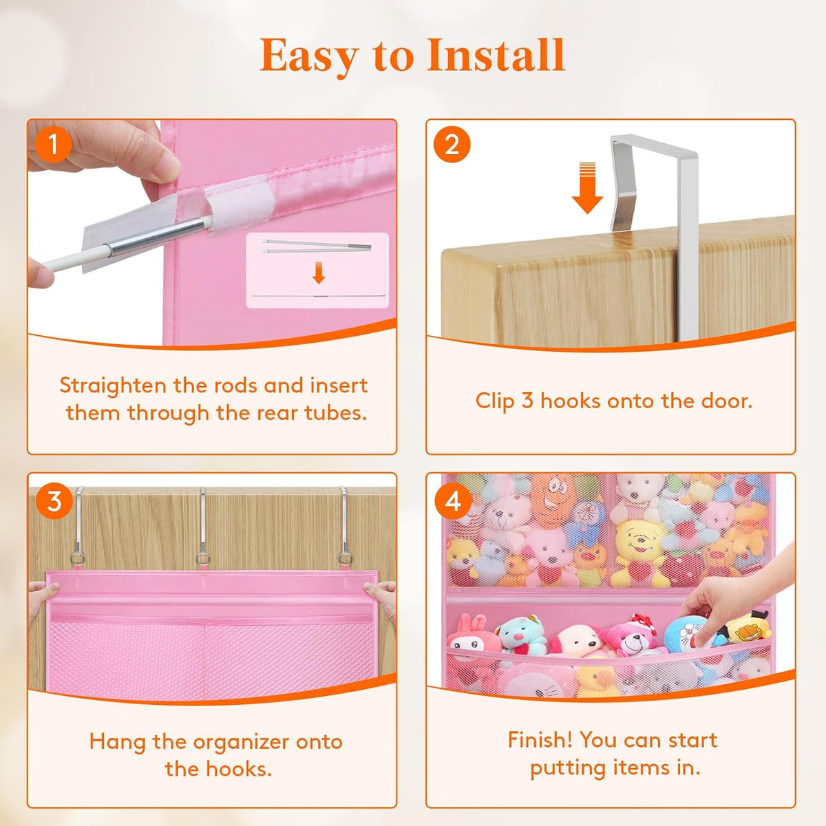 Over Door Stuffed Animal Organizer, 5 Mesh Pockets, Black, 1 Pack