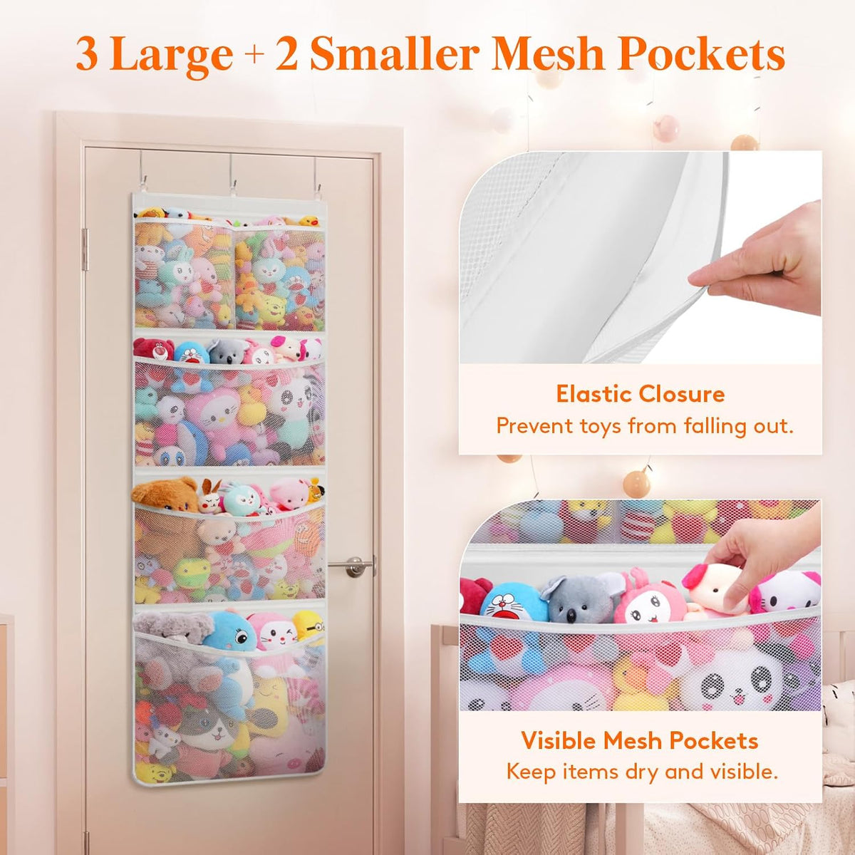 Over Door Stuffed Animal Organizer, 5 Mesh Pockets, Black, 1 Pack