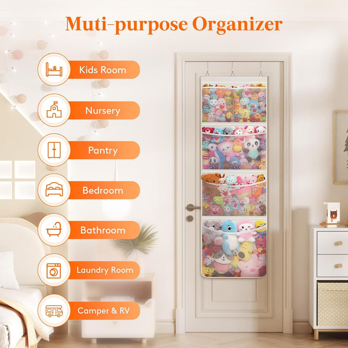 Over Door Stuffed Animal Organizer, 5 Mesh Pockets, Black, 1 Pack