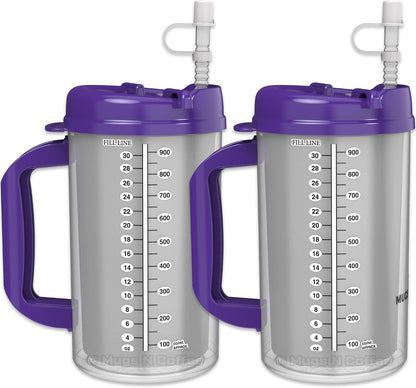 (2) 32 oz Hospital Mugs with Purple Lids - Insulated Cold Drink Travel Mugs.
