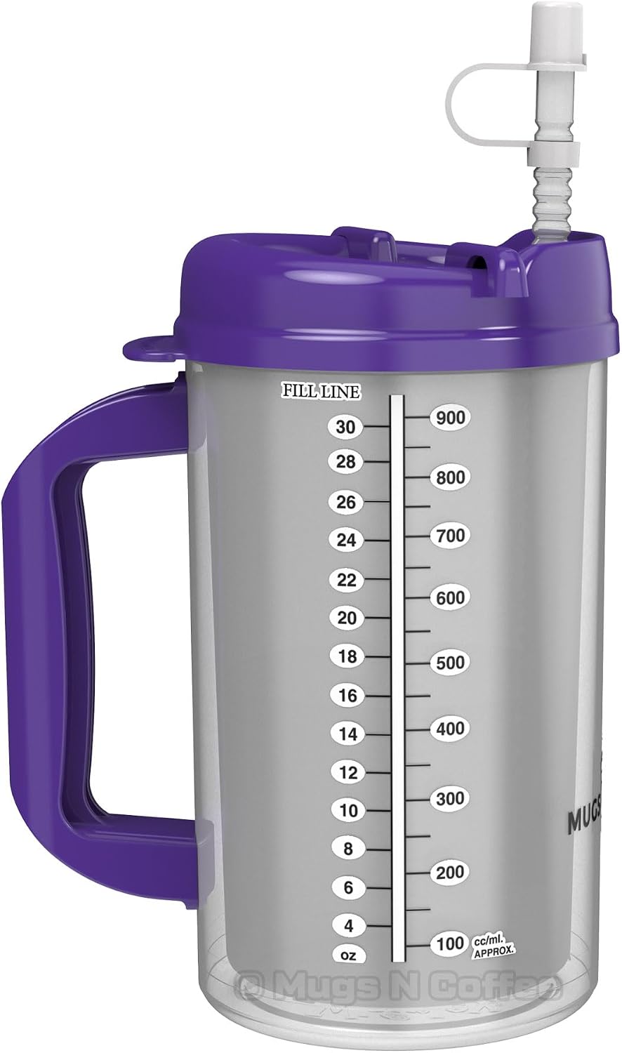 (2) 32 oz Hospital Mugs with Purple Lids - Insulated Cold Drink Travel Mugs.