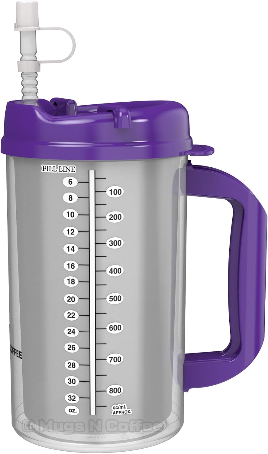 (2) 32 oz Hospital Mugs with Purple Lids - Insulated Cold Drink Travel Mugs.
