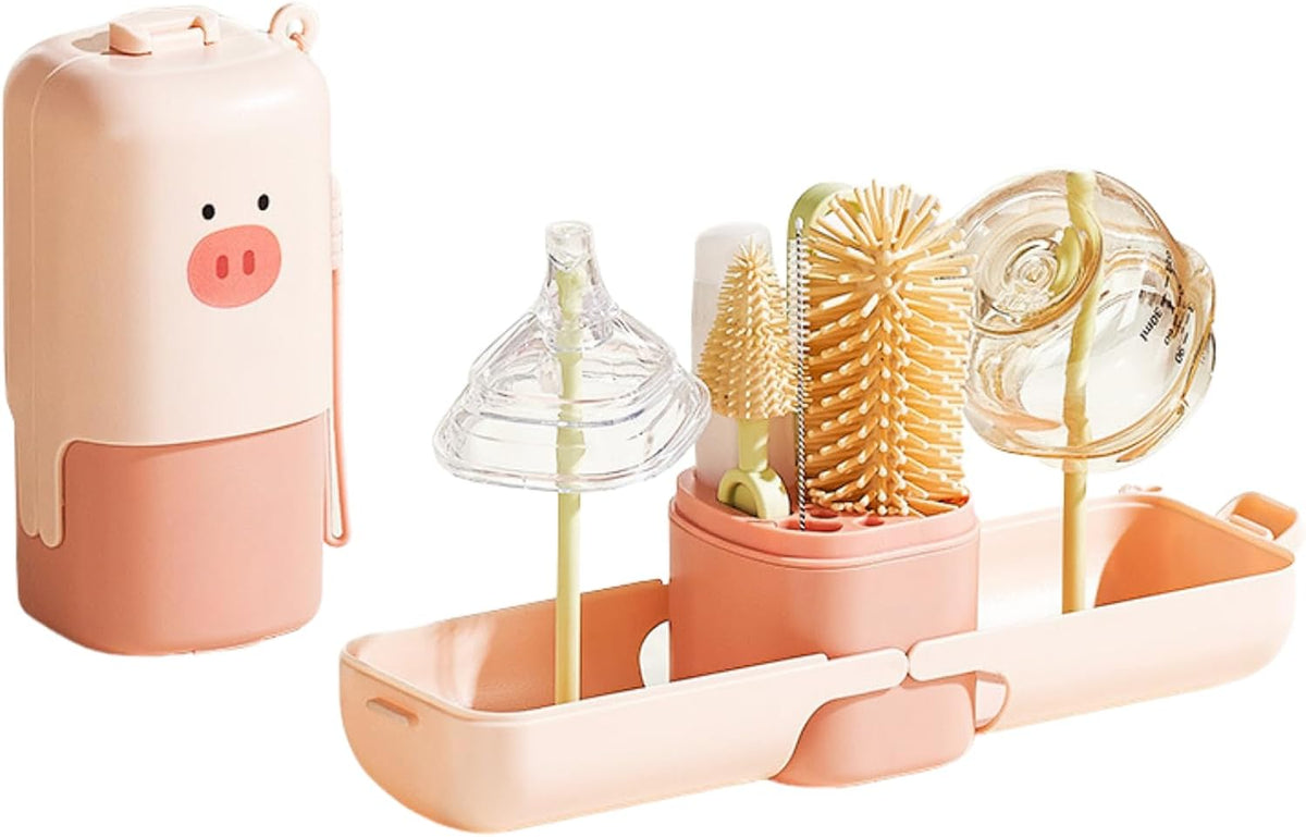 7-in-1 Bottle Brush Set, Bottle Cleaner Kit with Silicone Brush, Travel Bottle，Nipple Brush, Straw Brush, Drying Rack, Bottle Cleaning Tool for Home and Travel,Pink