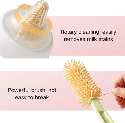 7-in-1 Bottle Brush Set, Bottle Cleaner Kit with Silicone Brush, Travel Bottle，Nipple Brush, Straw Brush, Drying Rack, Bottle Cleaning Tool for Home and Travel,Pink