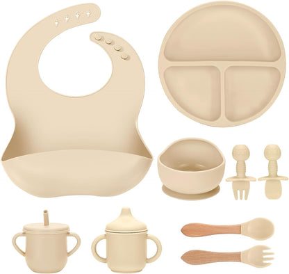 Silicone Baby Feeding Set 9 Pcs, Spill-Proof Suction Plate, Bowl, Bib, Silicone spoon&forks, Wooden Spoons&forks, Training cup with straw and Sippy Cup, Baby Eating Utensils (Brown)