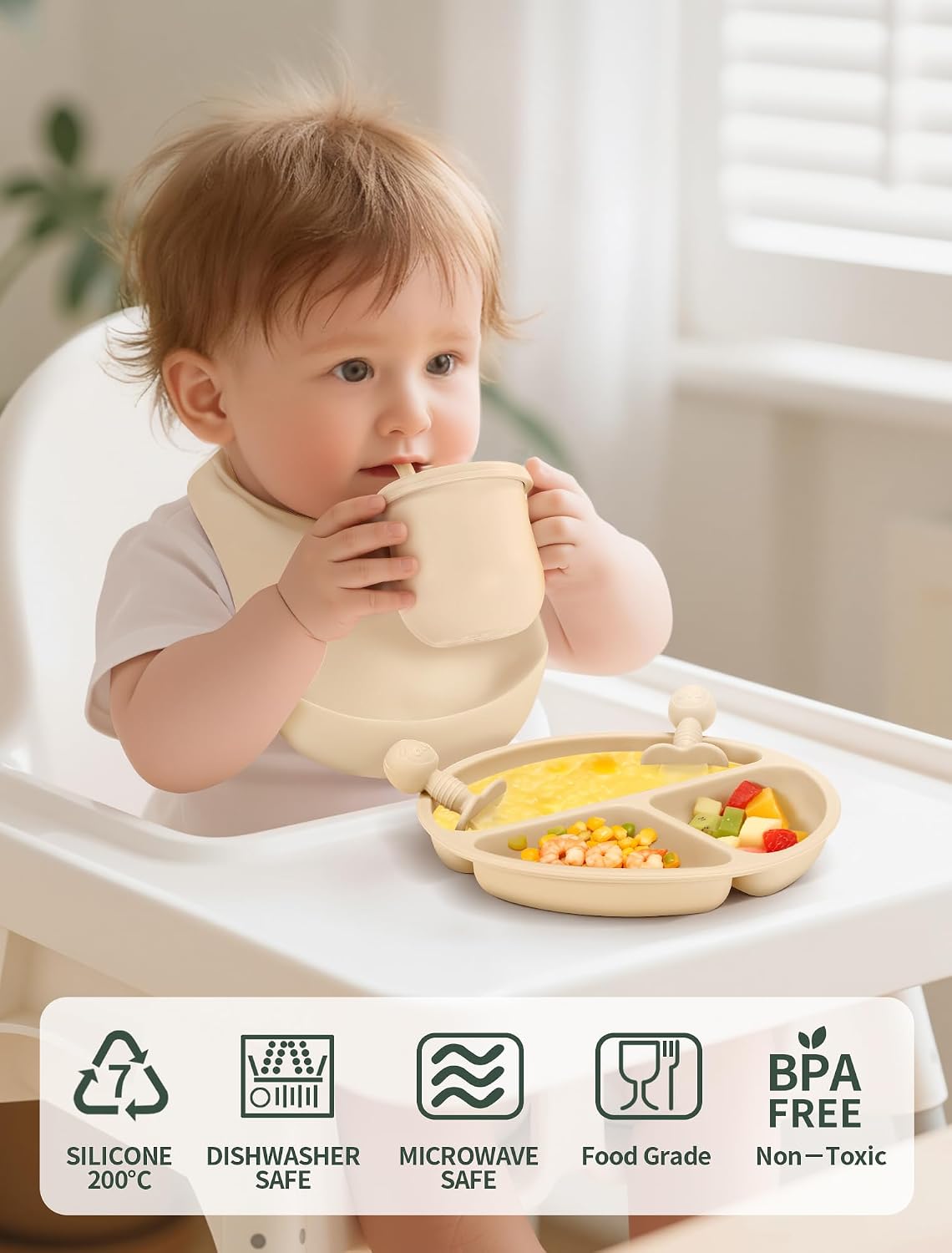 Silicone Baby Feeding Set 9 Pcs, Spill-Proof Suction Plate, Bowl, Bib, Silicone spoon&forks, Wooden Spoons&forks, Training cup with straw and Sippy Cup, Baby Eating Utensils (Brown)