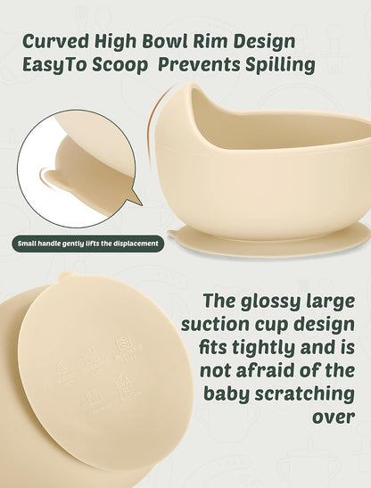 Silicone Baby Feeding Set 9 Pcs, Spill-Proof Suction Plate, Bowl, Bib, Silicone spoon&forks, Wooden Spoons&forks, Training cup with straw and Sippy Cup, Baby Eating Utensils (Brown)