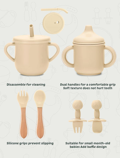 Silicone Baby Feeding Set 9 Pcs, Spill-Proof Suction Plate, Bowl, Bib, Silicone spoon&forks, Wooden Spoons&forks, Training cup with straw and Sippy Cup, Baby Eating Utensils (Brown)