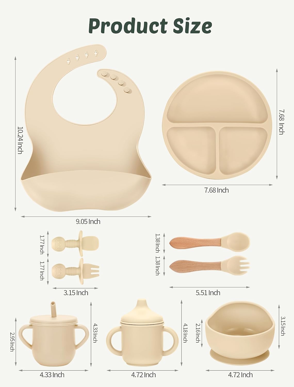 Silicone Baby Feeding Set 9 Pcs, Spill-Proof Suction Plate, Bowl, Bib, Silicone spoon&forks, Wooden Spoons&forks, Training cup with straw and Sippy Cup, Baby Eating Utensils (Brown)