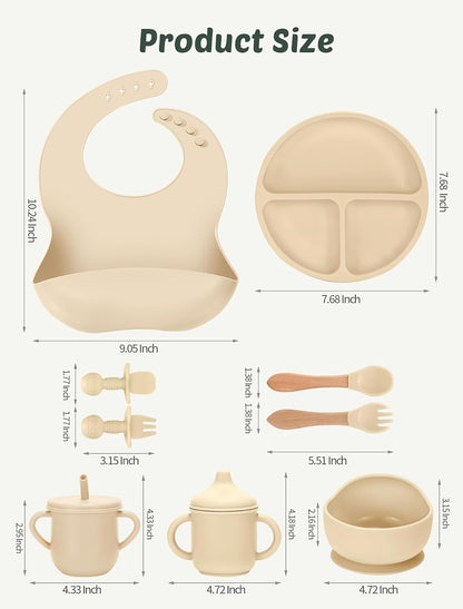 Silicone Baby Feeding Set 9 Pcs, Spill-Proof Suction Plate, Bowl, Bib, Silicone spoon&forks, Wooden Spoons&forks, Training cup with straw and Sippy Cup, Baby Eating Utensils (Brown)