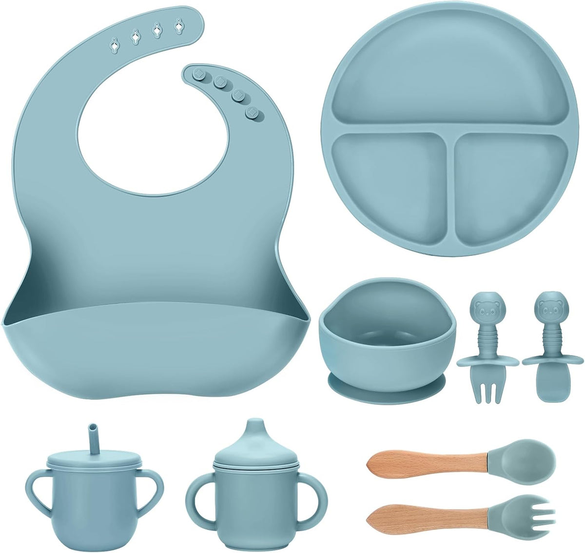 Silicone Baby Feeding Set 9 Pcs, Spill-Proof Suction Plate, Bowl, Bib, Silicone spoon&forks, Wooden Spoons&forks, Training cup with straw and Sippy Cup, Baby Eating Utensils (Brown)