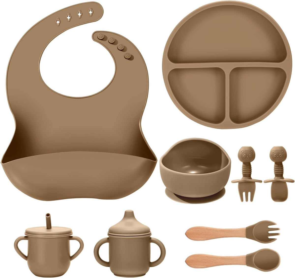 Silicone Baby Feeding Set 9 Pcs, Spill-Proof Suction Plate, Bowl, Bib, Silicone spoon&forks, Wooden Spoons&forks, Training cup with straw and Sippy Cup, Baby Eating Utensils (Brown)