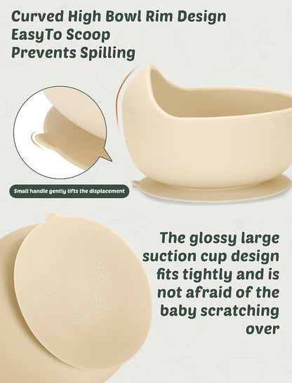 Silicone Baby Feeding Set 9 Pcs, Spill-Proof Suction Plate, Bowl, Bib, Silicone spoon&forks, Wooden Spoons&forks, Training cup with straw and Sippy Cup, Baby Eating Utensils (Brown)