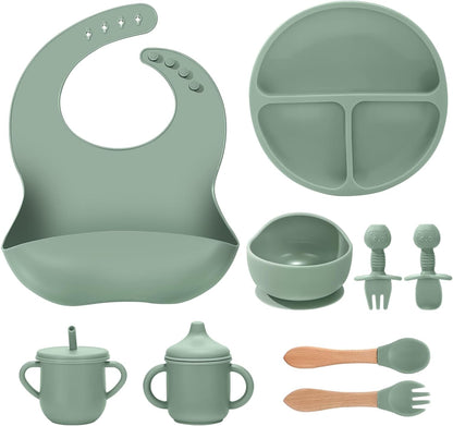 Silicone Baby Feeding Set 9 Pcs, Spill-Proof Suction Plate, Bowl, Bib, Silicone spoon&forks, Wooden Spoons&forks, Training cup with straw and Sippy Cup, Baby Eating Utensils (Brown)