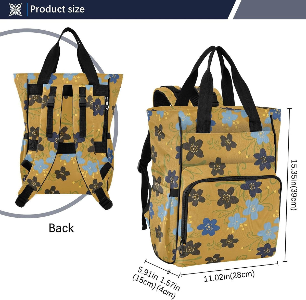 Diaper Bag Backpack, Multifunction Travel Bag for Moms Dads, Baby Changing Bag with Insulted Pockets, Stroller Straps and Side Bottle Pockets Dark Floral Pattern