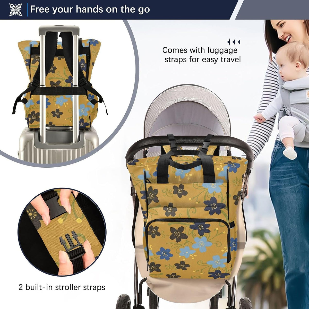 Diaper Bag Backpack, Multifunction Travel Bag for Moms Dads, Baby Changing Bag with Insulted Pockets, Stroller Straps and Side Bottle Pockets Dark Floral Pattern