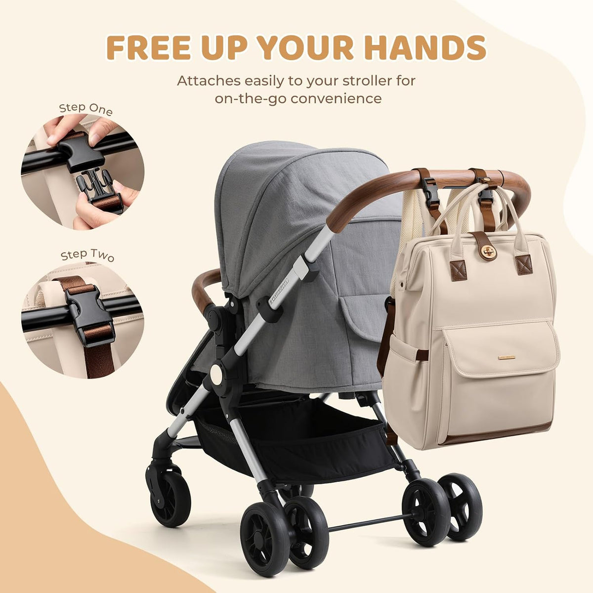 Diaper Bag Backpack,Multi Function Water Resistant Diaper Bag With Hook,Casual Hanging diaper bag for mom,16 Inch,Apricot