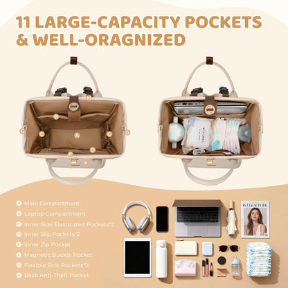 Diaper Bag Backpack,Multi Function Water Resistant Diaper Bag With Hook,Casual Hanging diaper bag for mom,16 Inch,Apricot