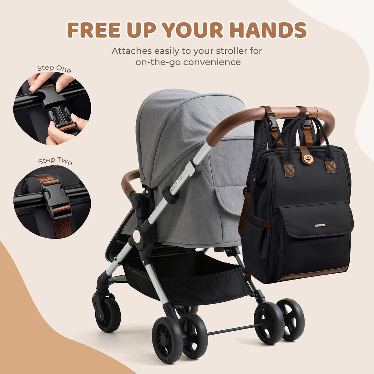 Diaper Bag Backpack,Multi Function Water Resistant Diaper Bag With Hook,Casual Hanging diaper bag for mom,16 Inch,Apricot