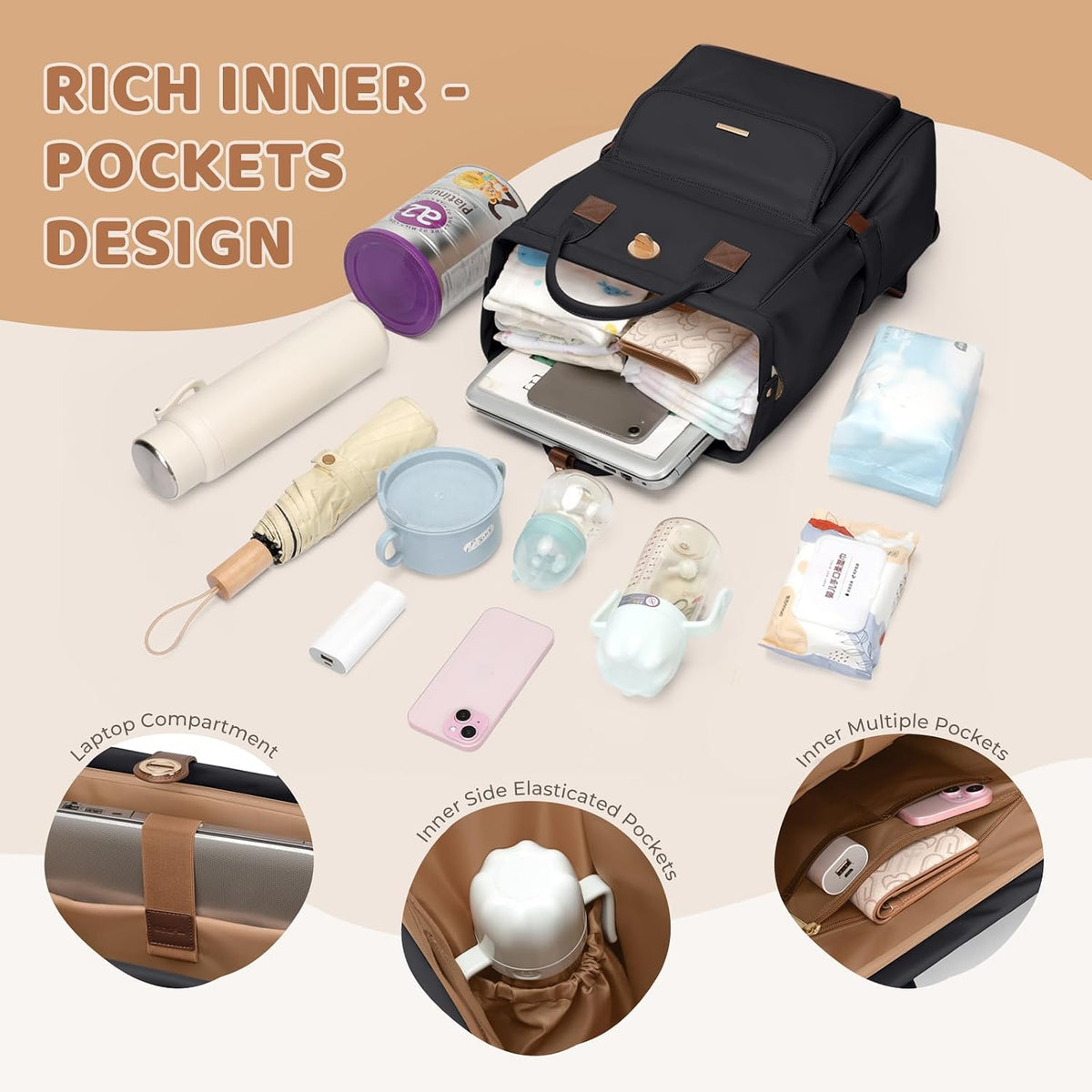 Diaper Bag Backpack,Multi Function Water Resistant Diaper Bag With Hook,Casual Hanging diaper bag for mom,16 Inch,Apricot