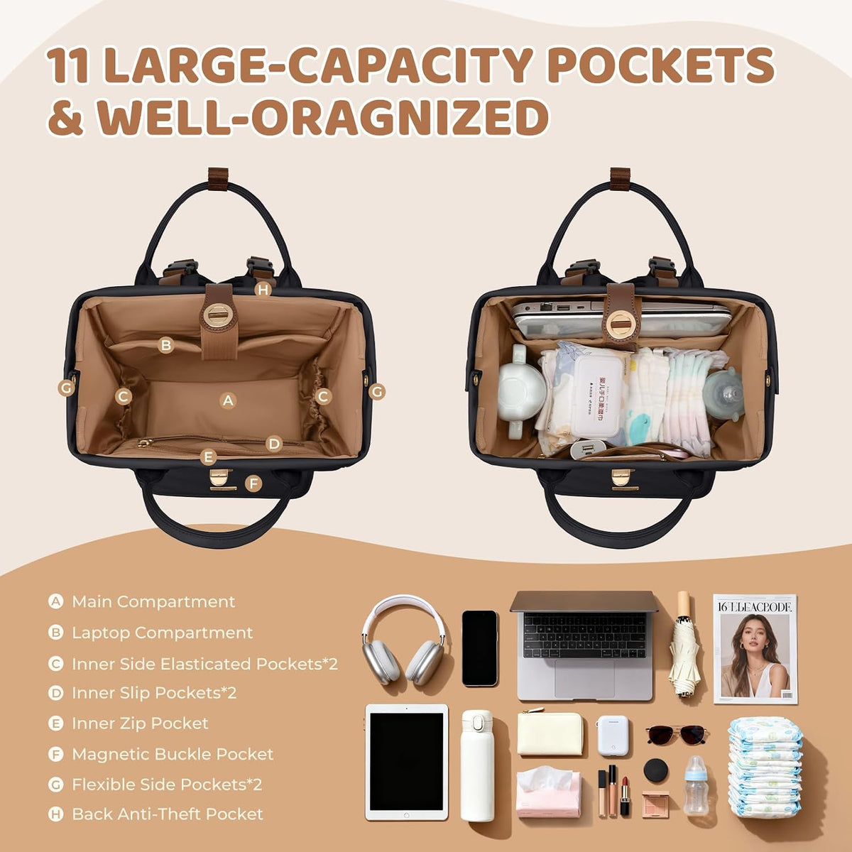 Diaper Bag Backpack,Multi Function Water Resistant Diaper Bag With Hook,Casual Hanging diaper bag for mom,16 Inch,Apricot