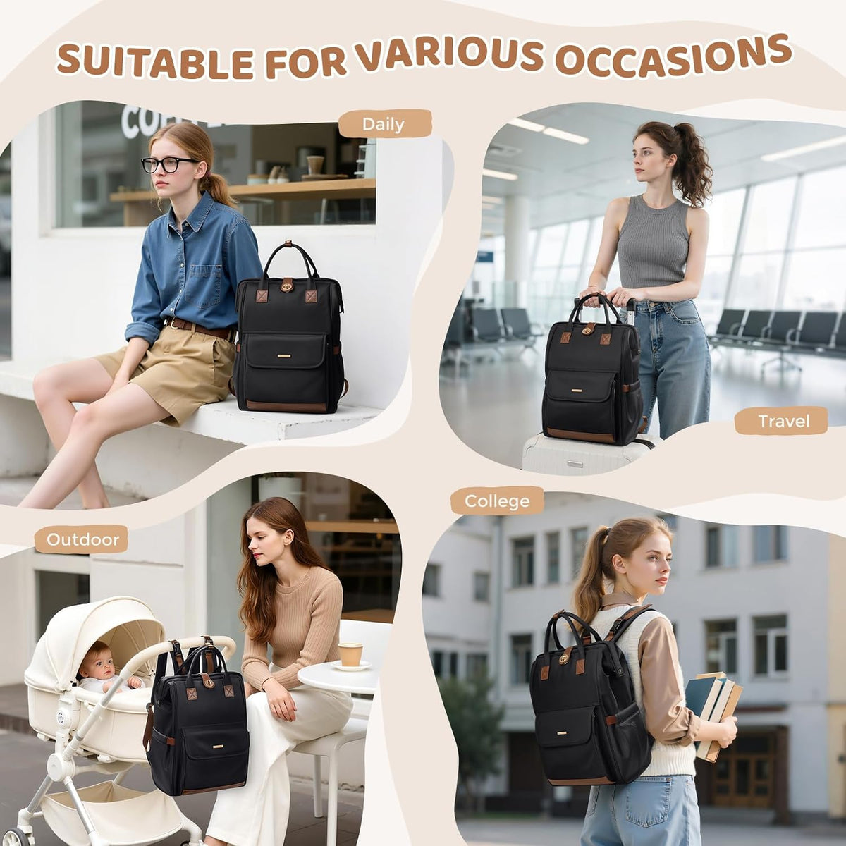 Diaper Bag Backpack,Multi Function Water Resistant Diaper Bag With Hook,Casual Hanging diaper bag for mom,16 Inch,Apricot