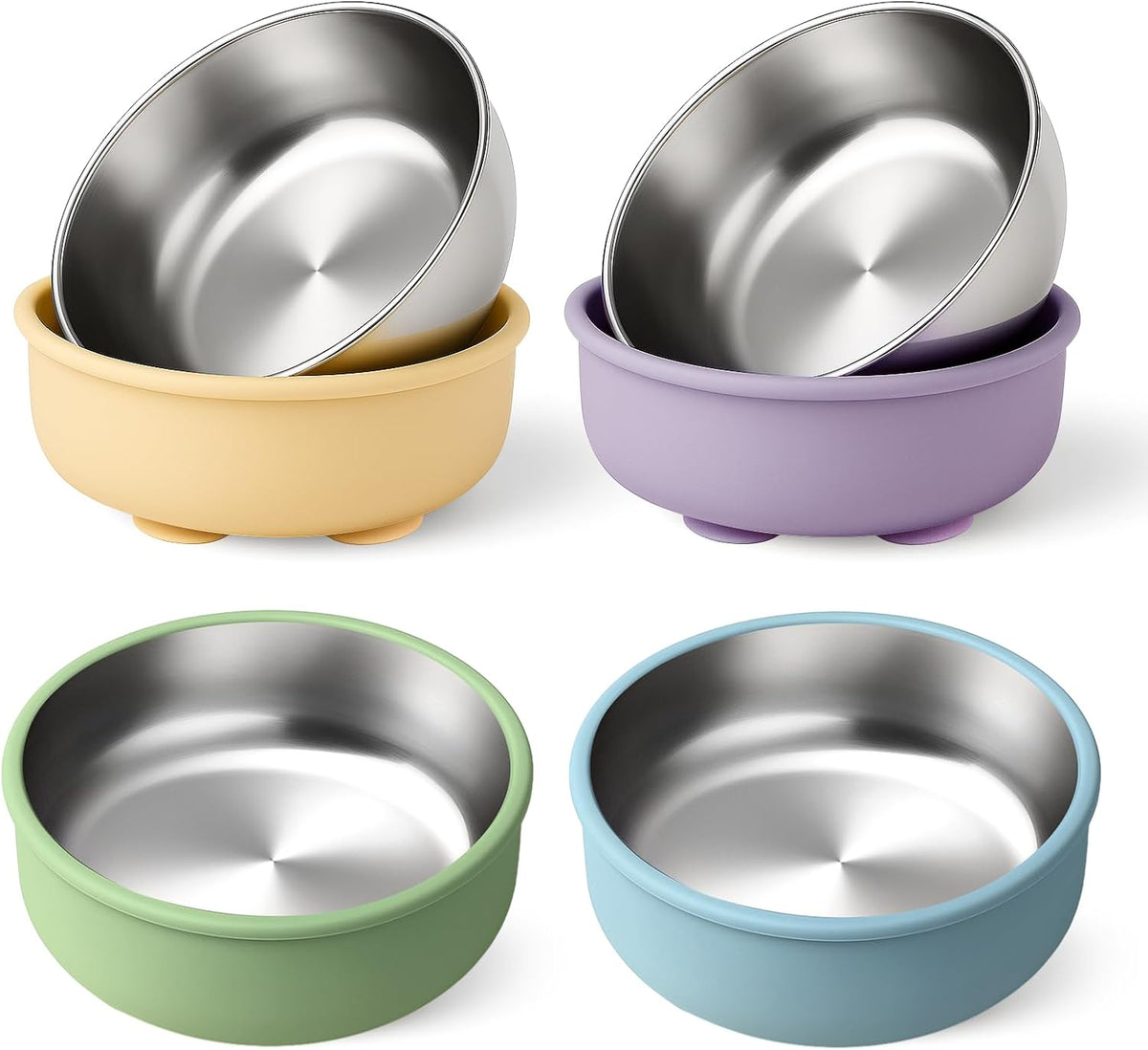Stainless Steel & Silicone Toddler Plates and Bowls Set with Suction,5-Piece Suction Plates & Bowls for Toddler,Removable Shell,Silicones Baby Plates for Independent Eating(Light Blue) ﻿
